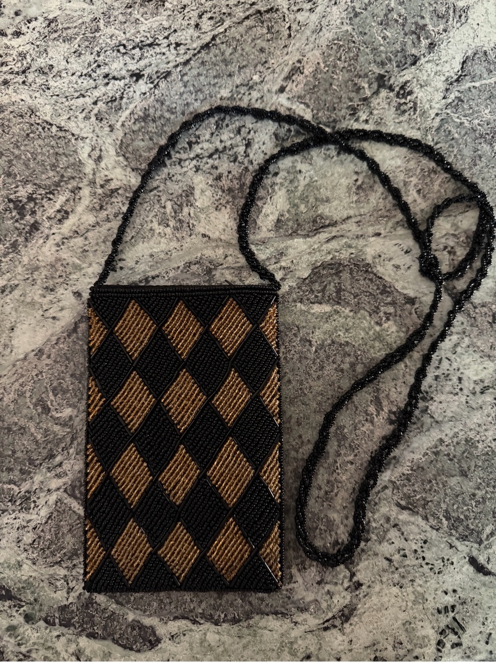 Hand Beaded Diamond Pattern Crossbody Bag in Black and Gold